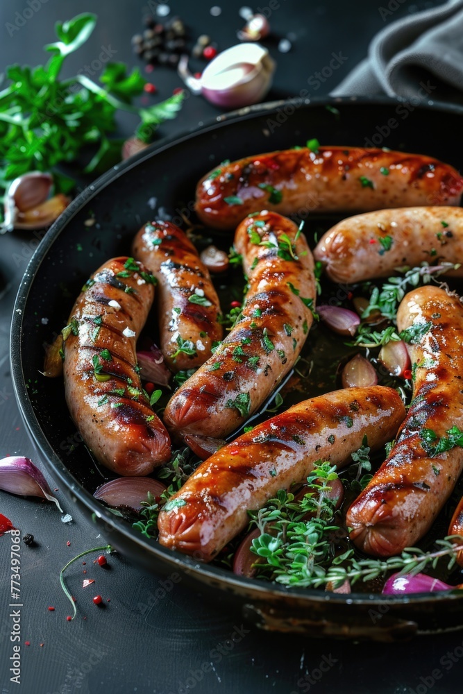 A pan filled with lots of cooked sausages. Ideal for food industry promotions A pan filled with lots of cooked sausages. Ideal for food industry promotions