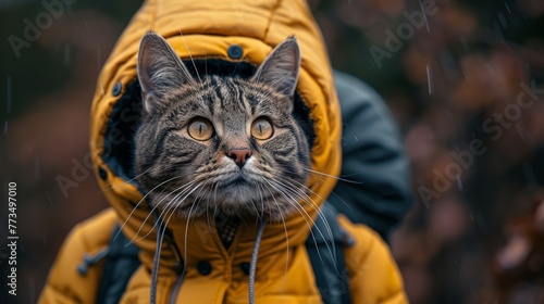 Cat in Yellow Jacket Walking in Rain