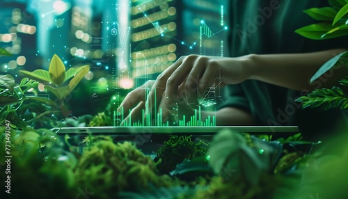 Obraz na płótnie Green startup entrepreneur leverages tablet for sustainable finance-tech management w salonie