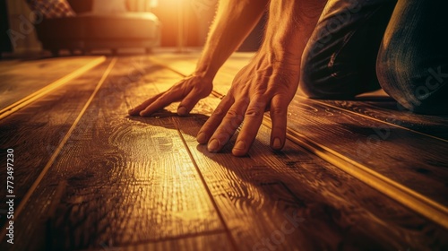 Installation of laminate flooring, detail of men's hands when working on a new floor.