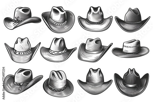 Collection of cowboy hats in different styles, suitable for western-themed designs photo