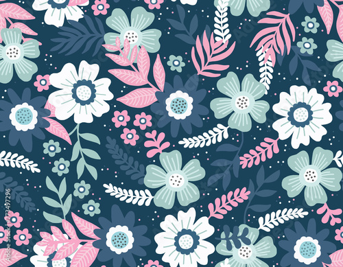 A hand-drawn floral pattern painted in bright colors.Seamless pattern.