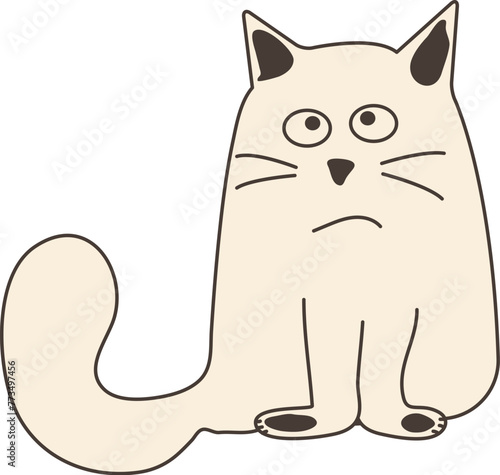 Cute cat doodle, cartoon animal, funny pet, happy kitten character hand drawn. Meow icon isolated on white background. Kids vector illustration