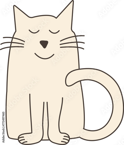 Cute cat doodle, cartoon animal, funny pet, happy kitten character hand drawn. Meow icon isolated on white background. Kids vector illustration
