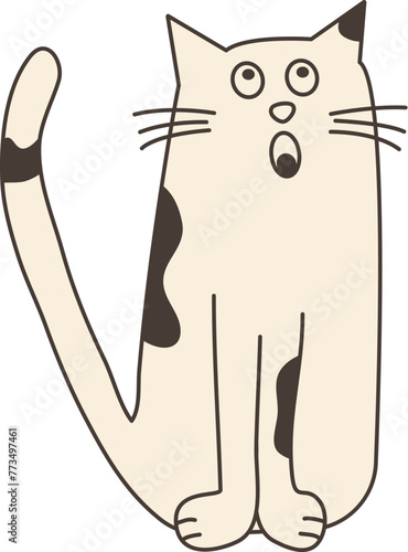 Cute cat doodle, cartoon animal, funny pet, happy kitten character hand drawn. Meow icon isolated on white background. Kids vector illustration