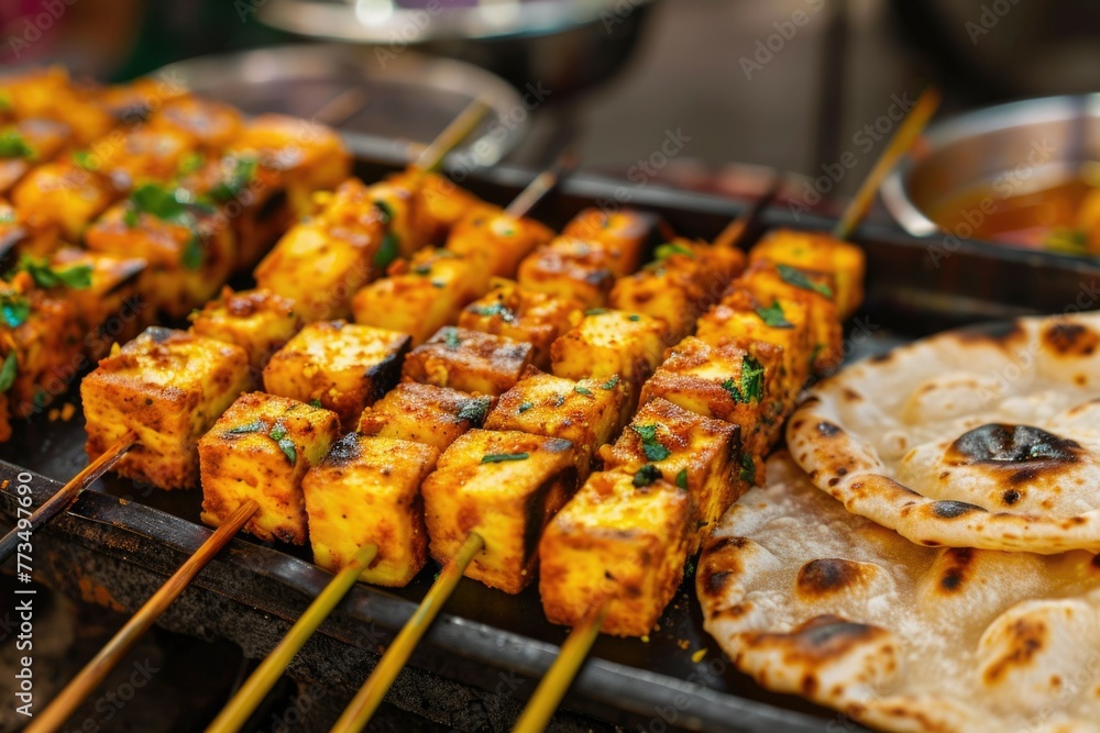 vegetarian kebab. fried tofu. cheese. paneer street food Thailand, Korea, India. Asia market