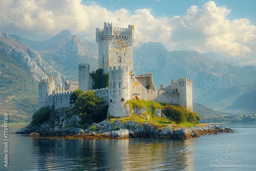 Castle Perched on Island in Lake photo