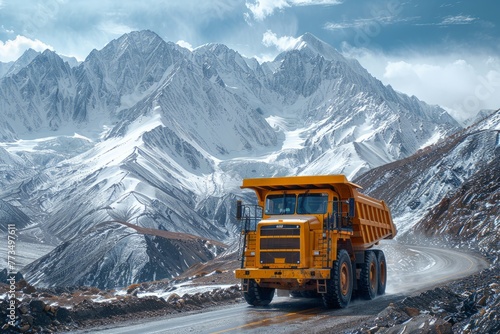 Large Yellow Truck Driving Through Snowy Road © Ilugram