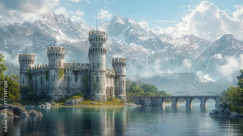 Castle on Lake With Mountain Background