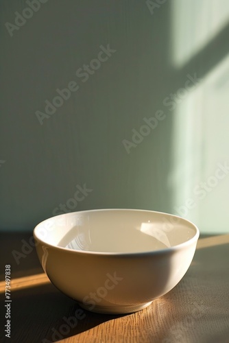 A simple white bowl placed on a wooden table. Suitable for kitchen or dining concepts