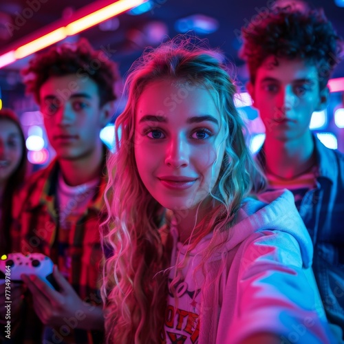 Young gamers taking a group selfie in a neon-lit gaming club