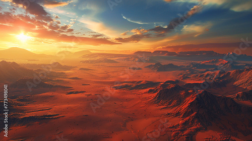 A breathtaking view of the sun setting over the mountains of Mars  casting long shadows across the red soil
