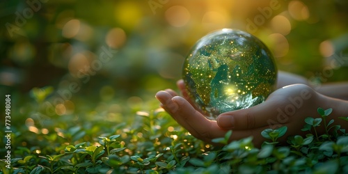 Persons hands holding digital globe network with nature background. Concept Nature, Globe, Environment, Technology, Connection
