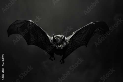 A striking black and white image of a bat in mid-flight. Perfect for Halloween decorations or nature-themed projects