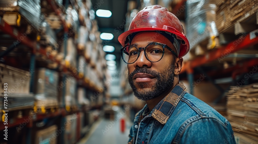 Man Wearing Hard Hat and Glasses in Warehouse