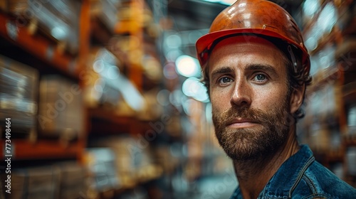 Man in Hard Hat Working in Warehouse