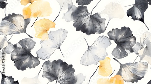 Gingko Leaf Ink Border and Watercolor Seamless Pattern - Vector Illustration