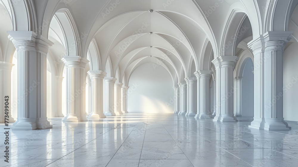 Spacious White Room With Columns and Arches