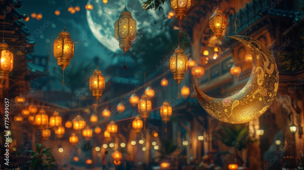 Night Scene With Lanterns and Crescent