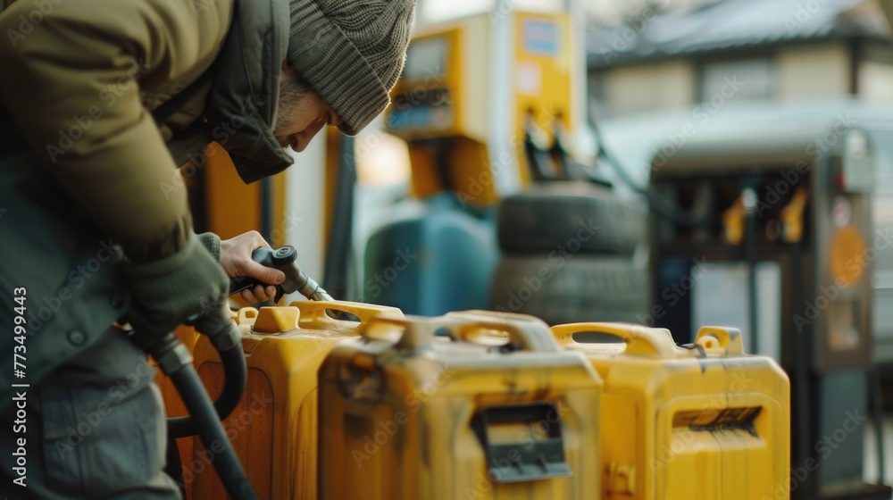 A man filling gas cans with a hose, suitable for gas station concept