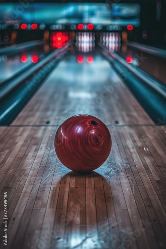 Red bowling ball on wooden floor, suitable for sports and recreation concepts