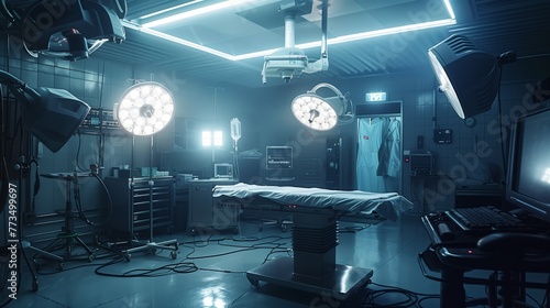 A dark operating room with a surgical table surrounded by lots of electric blue lights creating an eerie yet efficient atmosphere photo