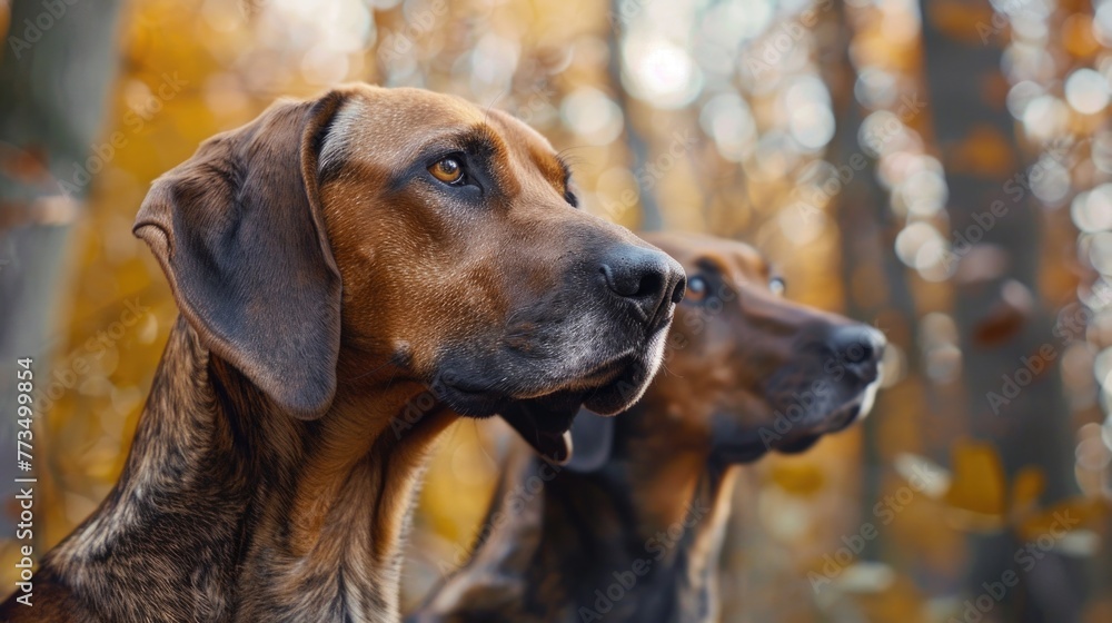 Two brown dogs standing together in a forest. Suitable for animal lovers and nature enthusiasts