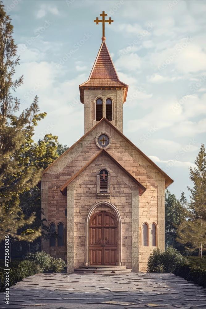 Detailed painting of a church with a prominent cross on top. Suitable for religious themes or architecture concepts Detailed painting of a church with a prominent cross on top. Suitable for religious themes or architecture concepts