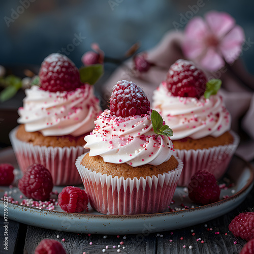 Three cupcakes with pink frosting and raspberries on top displayed on a plate