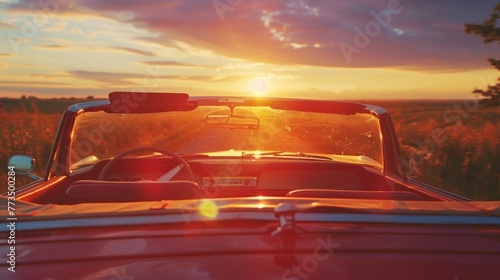 A car driving down a country road at sunset. Perfect for travel and transportation concepts