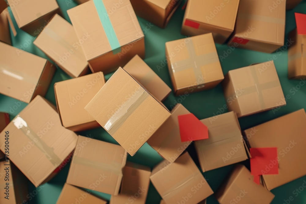 Stack of cardboard boxes on green background. Suitable for logistics and storage concepts Stack of cardboard boxes on green background. Suitable for logistics and storage concepts
