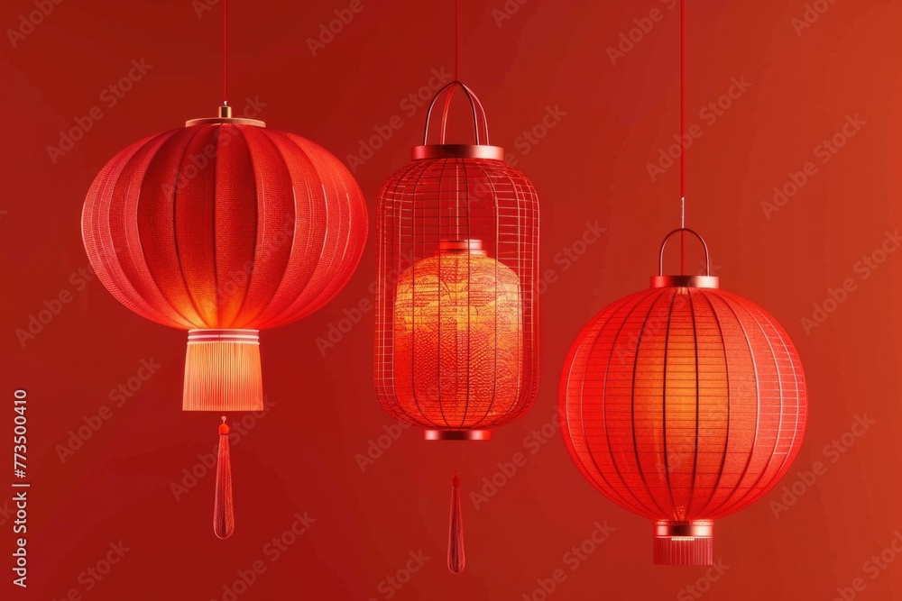 Three red lanterns hanging on a vibrant red wall. Perfect for adding a pop of color to any design project Three red lanterns hanging on a vibrant red wall. Perfect for adding a pop of color to any design project