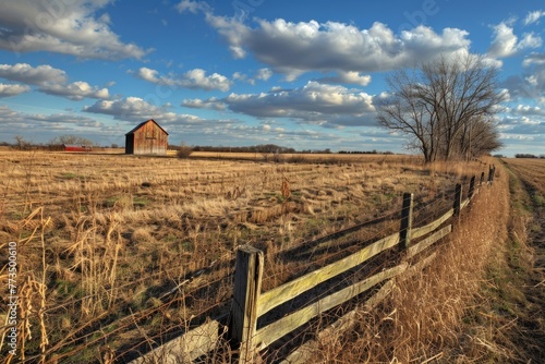 A picturesque scene of a field with a fence and a barn in the distance. Ideal for agricultural or rural concepts