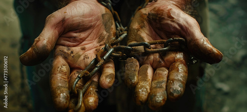 Pair of dirty hands gripping a metal chain, suitable for industrial concepts