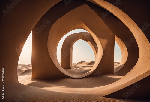sand-colored, geometric structure in a desert landscape. The sun is shining through the center of the structure, casting light on the sand