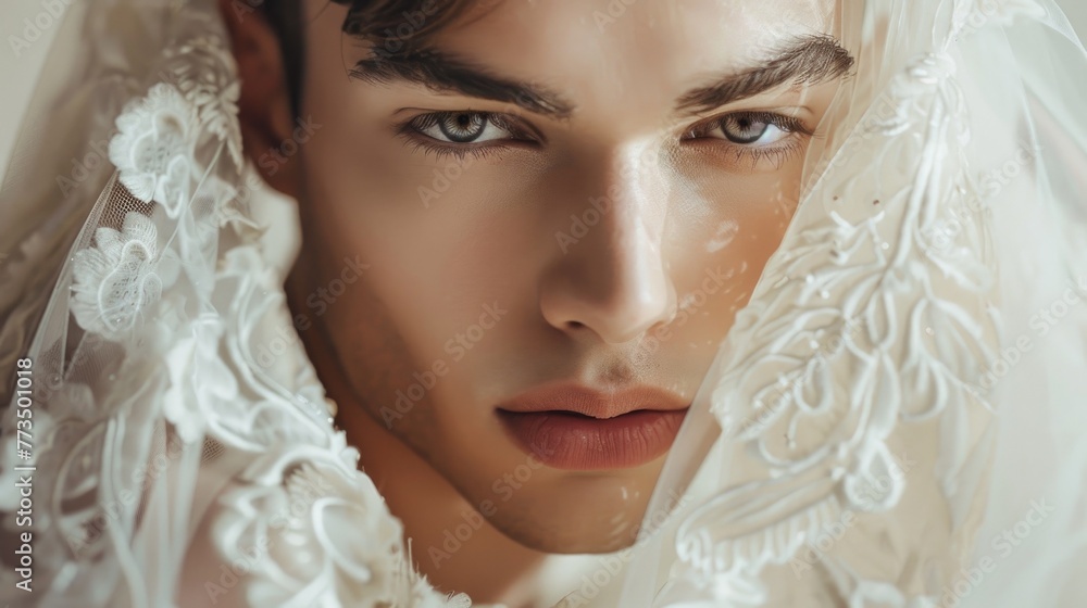 A young male face is softly framed by an exquisitely embroidered veil, his eyes conveying a story of youthful hope and romance. Gay marriage. LGBTQ community. Man wearing a veil A young male face is softly framed by an exquisitely embroidered veil, his eyes conveying a story of youthful hope and romance. Gay marriage. LGBTQ community. Man wearing a veil