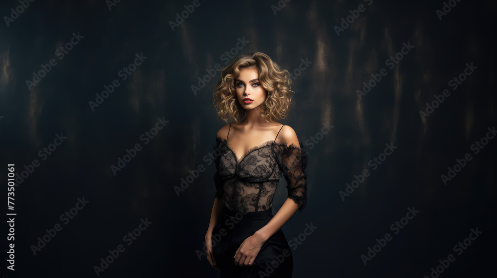 beautiful young blonde woman with curls in a black lace dress on a dark background, studio, boudoir, glamour, fashion, girl, passion, elegance, face, portrait, style, sophistication