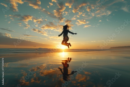 A person jumping in the air on a sunny beach. Suitable for travel or vacation concepts