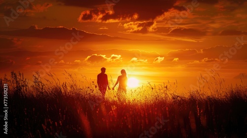 A couple standing in a field at sunset. Ideal for romantic concepts