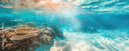 underwater view with clear blue sea water and beautiful coral reefs