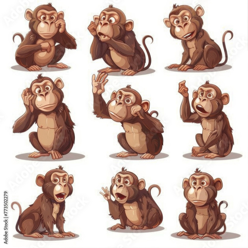 Adorable cartoon monkeys in different gestures, expressing a variety of emotions and actions, ideal for children's content.