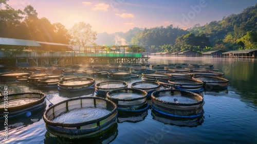 Aquaculture Farm modern aquaculture farm with rows of fish tanks or ponds, surrounded by lush greenery, highlighting sustainable fish farming practices