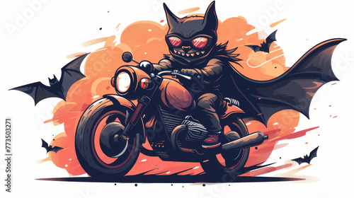 A playful illustration of an anthropomorphic bat character riding a classic motorcycle with a dynamic orange background.