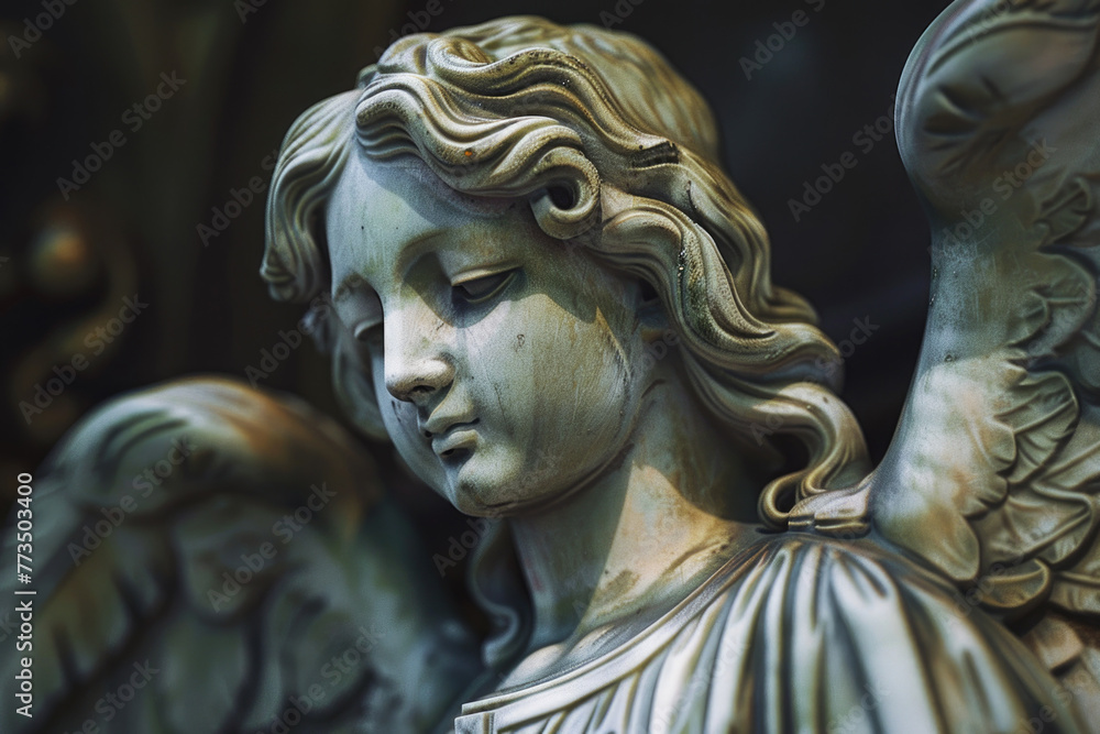 A detailed view of an angel statue, suitable for various design projects