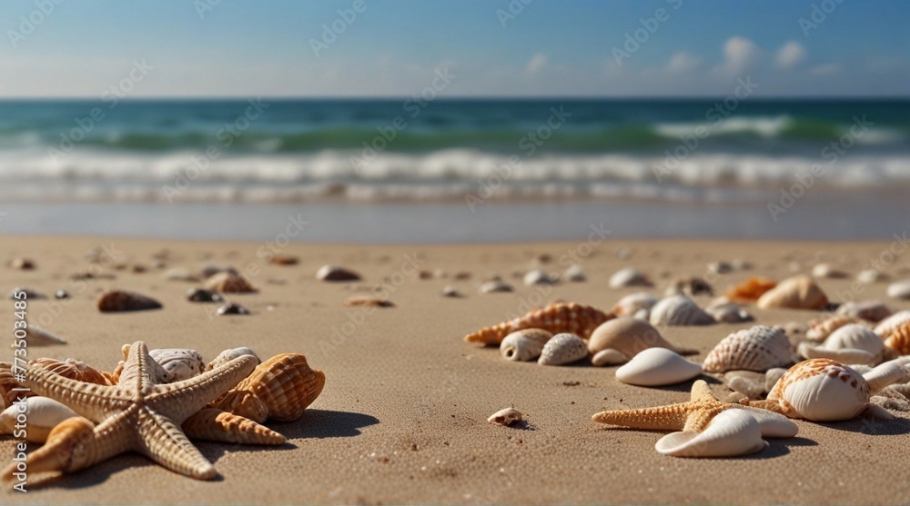 Fototapeta premium Summer concept with sandy beach, shells and starfish lapping by calm ocean waves. Seashells are lying on the wavy sand of the seabed. Sea waves the beach.