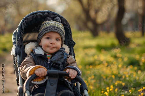 A baby sitting in a stroller in a park, suitable for family and parenting concepts