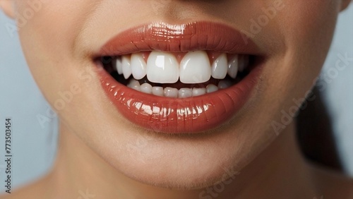 Perfect white teeth close up, female crown veneer smile, dental care and stomatology, dentistry