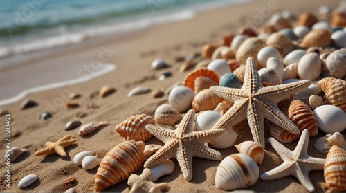 Summer concept with sandy beach, shells and starfish lapping by calm ocean waves. Seashells are lying on the wavy sand of the seabed. Sea waves the beach.