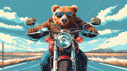 A digitally illustrated bear wearing sunglasses and a leather jacket enjoys a scenic motorcycle road trip on a sunny day.