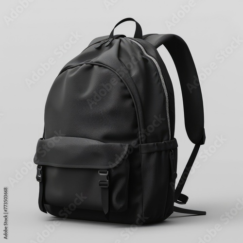 Blank black backpack with zipper and strap mockup, front back, 3d rendering. Empty student sport rucksack mock up, isolated. Clear textile purse package with zip and cord template. Generative AI
